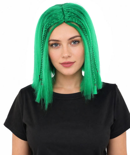 HPO Celebrity-Style 11 Inch Green Rooted Blonde Front Braided Straight Wig | Shoulder-Length Fun, Bold, and Stylish Hairpiece  | Ideal for Halloween, Cosplay, and Themed Parties
