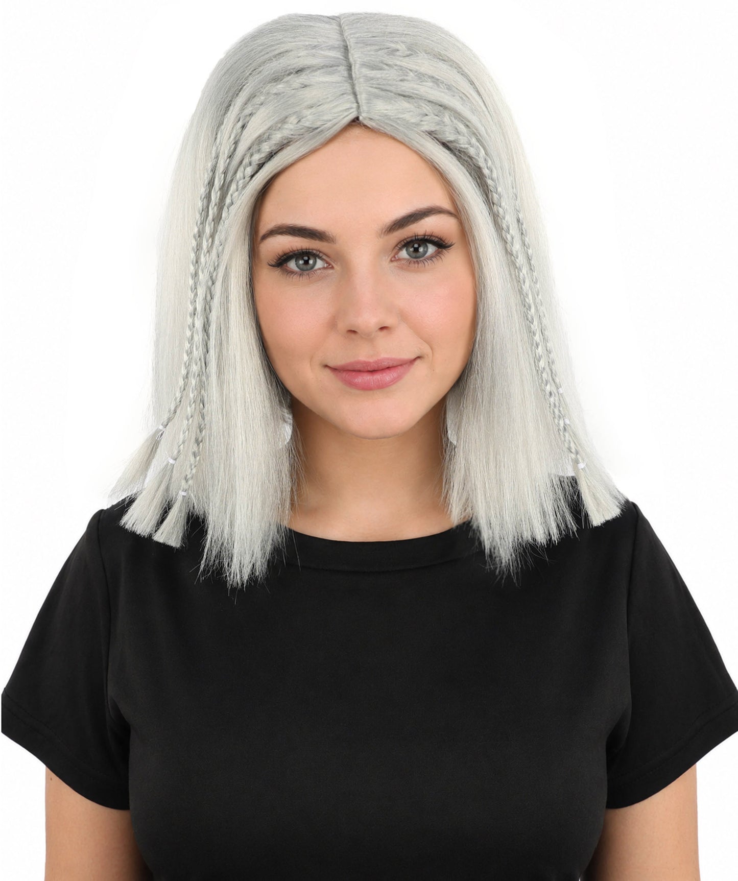 HPO Celebrity-Style 11 Inch Green Rooted Blonde Front Braided Straight Wig | Shoulder-Length Fun, Bold, and Stylish Hairpiece  | Ideal for Halloween, Cosplay, and Themed Parties