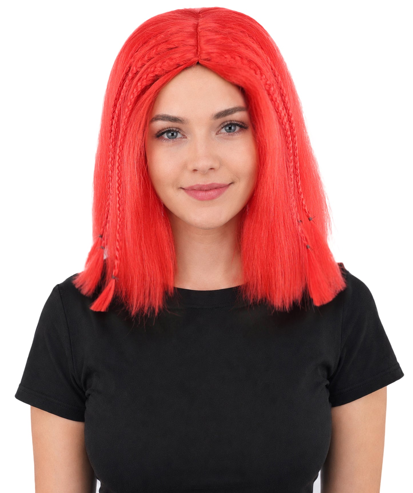 HPO Celebrity-Style 11 Inch Green Rooted Blonde Front Braided Straight Wig | Shoulder-Length Fun, Bold, and Stylish Hairpiece  | Ideal for Halloween, Cosplay, and Themed Parties