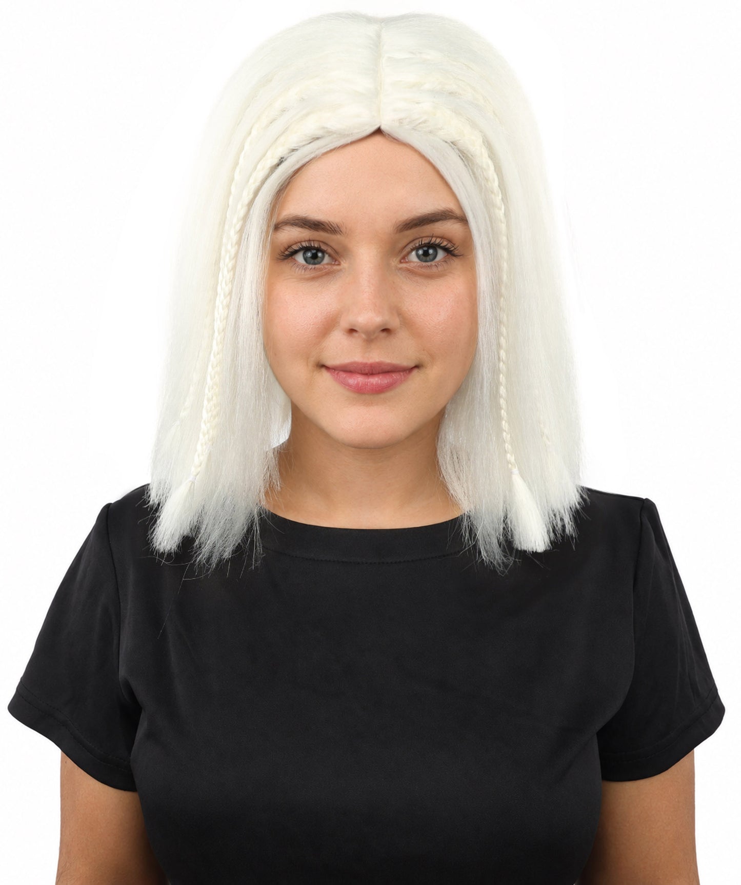 HPO Celebrity-Style 11 Inch Green Rooted Blonde Front Braided Straight Wig | Shoulder-Length Fun, Bold, and Stylish Hairpiece  | Ideal for Halloween, Cosplay, and Themed Parties