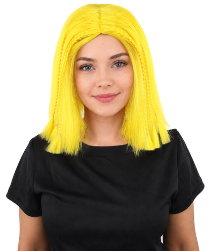 HPO Celebrity-Style 11 Inch Green Rooted Blonde Front Braided Straight Wig | Shoulder-Length Fun, Bold, and Stylish Hairpiece  | Ideal for Halloween, Cosplay, and Themed Parties