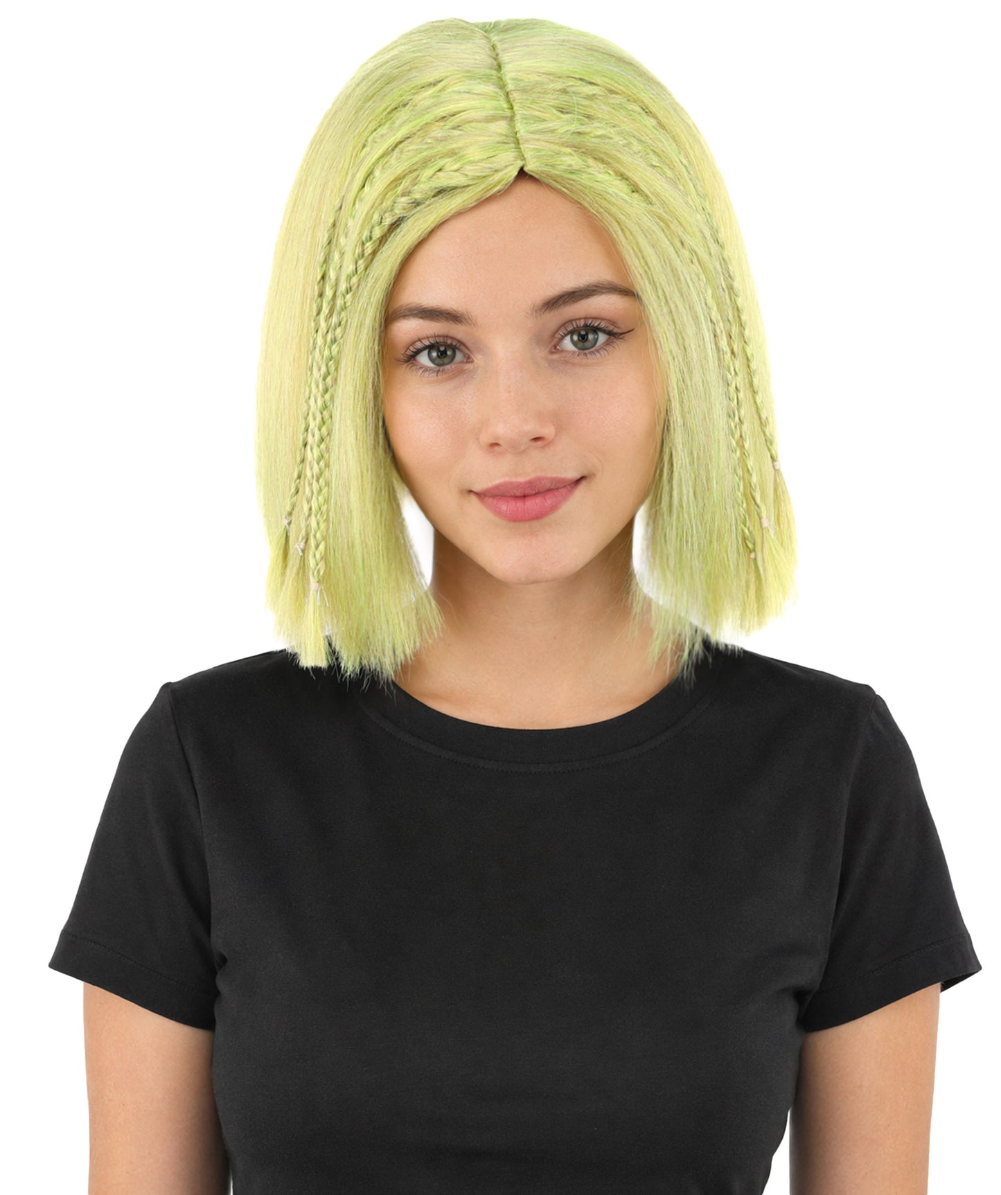 HPO Celebrity-Style 11 Inch Green Rooted Blonde Front Braided Straight Wig | Shoulder-Length Fun, Bold, and Stylish Hairpiece  | Ideal for Halloween, Cosplay, and Themed Parties