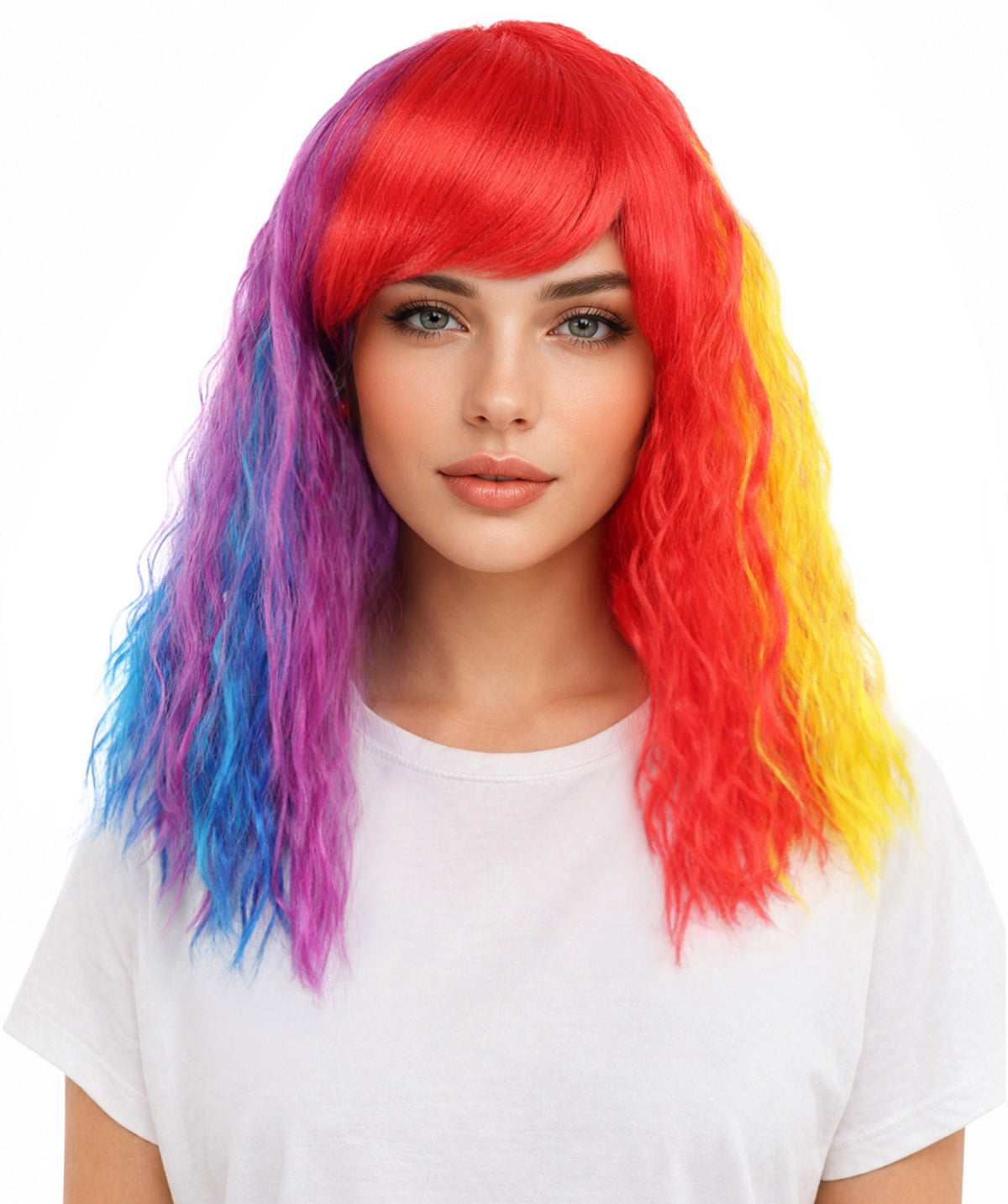 HPO Women’s 17 Inch Curly Rainbow Wig with Side Bangs—Colorful Long Hairpiece with breathable Capless Cap | Ideal for Halloween, Cosplay, Pride and Drag Shows