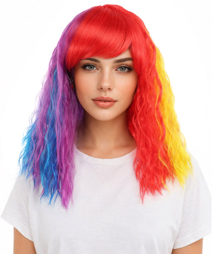 HPO Women’s 17 Inch Curly Rainbow Wig with Side Bangs—Colorful Long Hairpiece with breathable Capless Cap | Ideal for Halloween, Cosplay, Pride and Drag Shows