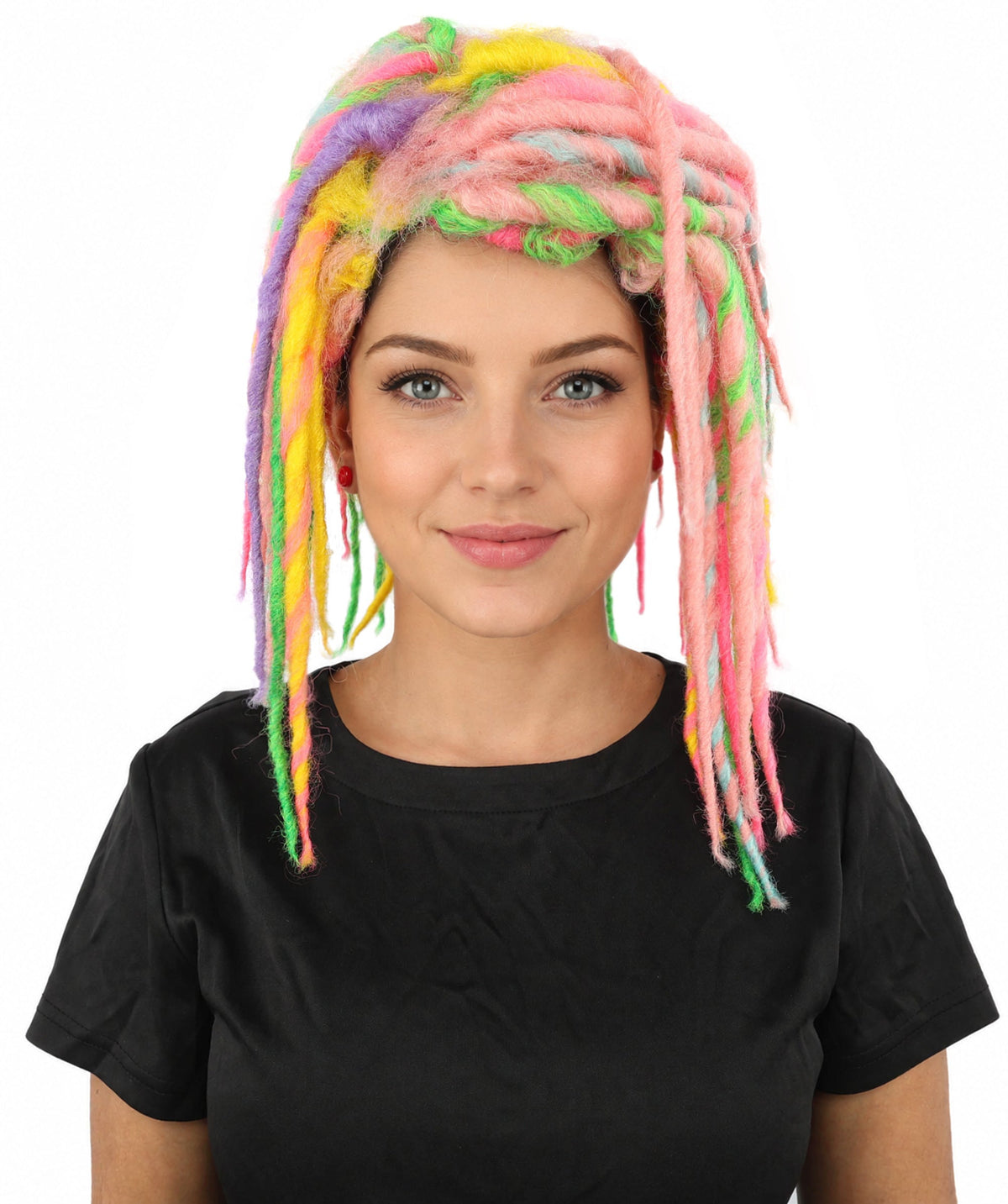 Women's Neon Cyber Goth Wool Dreadlock Wig | UV Reactive Multicolor Braids | Festival Rave Hairpiece, Halloween Costume and Club Wear Accessory