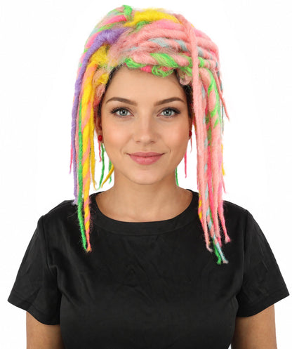 Women's Neon Cyber Goth Wool Dreadlock Wig | UV Reactive Multicolor Braids | Festival Rave Hairpiece, Halloween Costume and Club Wear Accessory