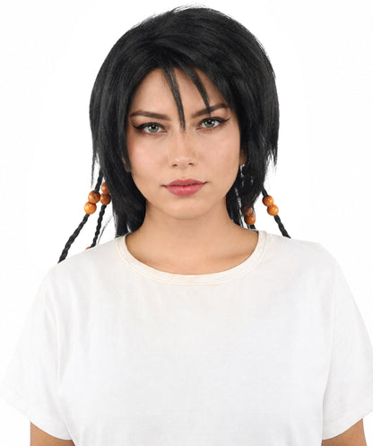 HPO Adult Women's Long Tribal Braided Wig | Multiple Color Options | Dark Shaggy Bob with Beaded Strands, Synthetic Fiber & Breathable Cap | Halloween, Sci-Fi Roleplay, Fantasy Costume