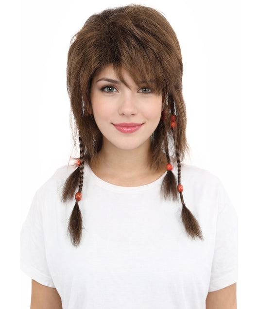 HPO Women's Long Tribal Braided Brown Wig | Dark Shaggy Bob with Beaded Strands, Synthetic Fiber & Breathable Cap | Halloween, Sci-Fi Roleplay, Fantasy Costume