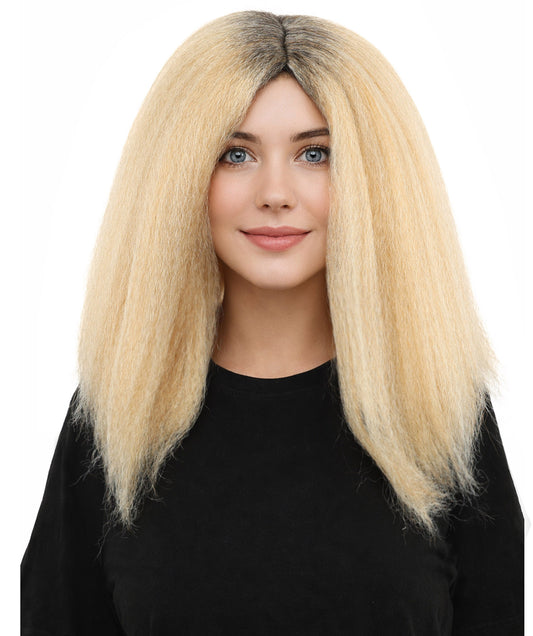 HPO Women's Long Rounded Cartoon Hair Wig | Black & Blonde Bubble Bob, Deep Side Part, Heat Friendly Synthetic Strands & Breathable Net | Fancy Dress, Stage Show, Animated Character Events, Halloween & Festival
