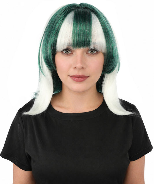 HPO Women's Geometric Character Wig | Deep emerald green with white accents, create of synthetic fiber, sleek straight bob with long framing strands, breathable base | Party, Halloween, theater, drag, performance, costume events