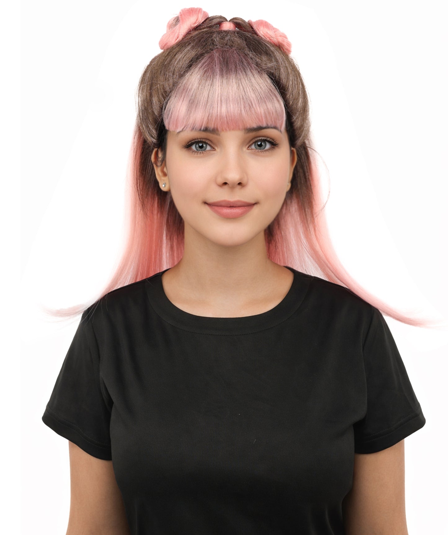 HPO Women's Brown & Pink Half Updo Bangs Wig | Create of synthetic fiber, blunt fringe with top bow, breathable base | Party, Halloween, theater, drag, performance, costume events