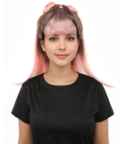 HPO Women's Brown & Pink Half Updo Bangs Wig | Create of synthetic fiber, blunt fringe with top bow, breathable base | Party, Halloween, theater, drag, performance, costume events