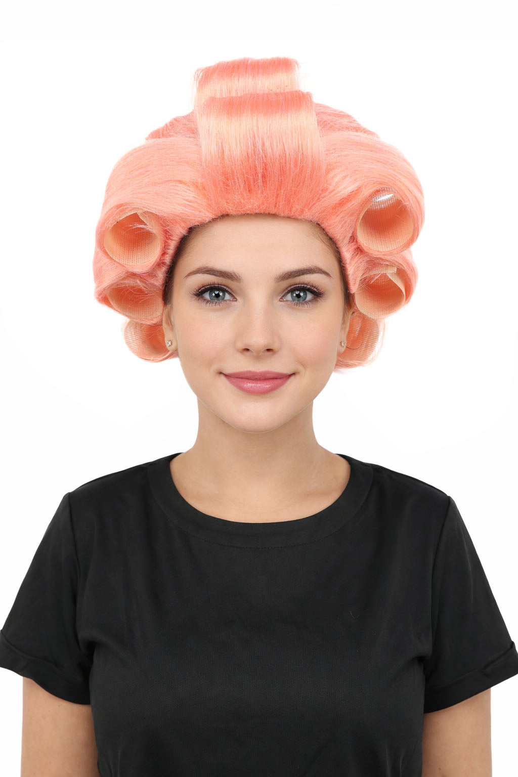HPO Women's Retro Roller Set Pink Wig | Pastel peach tone, create of synthetic fiber, large cylindrical curler texture, capless cap | Party, Halloween, theater, drag, performance, costume events