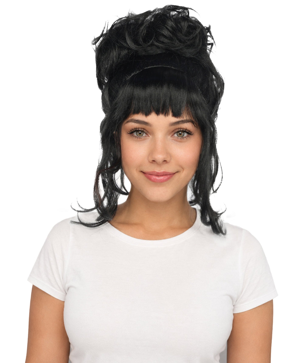 HPO Adult Women's Elegant Updo Tendril Wig | Multiple Color Options | Pastel peach hue, create of synthetic fiber, high teased volume with face-framing strands, breathable capless cap | Party, Halloween, theater, drag, performance, costume events