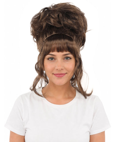 HPO Adult Women's Elegant Updo Tendril Wig | Multiple Color Options | Pastel peach hue, create of synthetic fiber, high teased volume with face-framing strands, breathable capless cap | Party, Halloween, theater, drag, performance, costume events