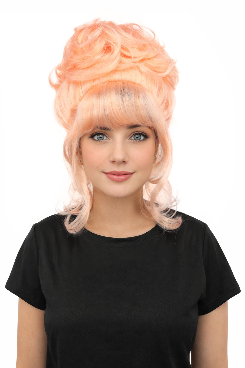 HPO Women's Elegant Updo Tendril Pink Wig | Pastel peach hue, create of synthetic fiber, high teased volume with face-framing strands, breathable capless cap | Party, Halloween, theater, drag, performance, costume events