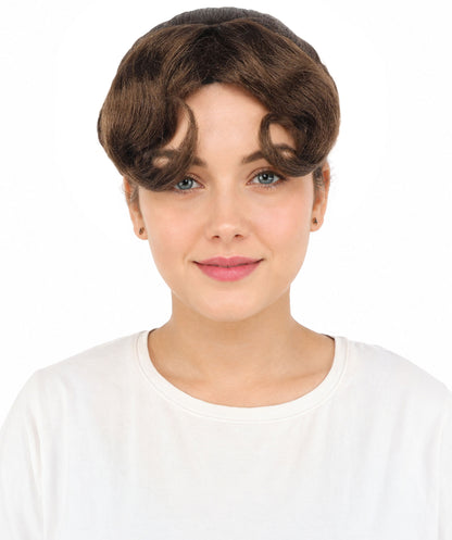 HPO Women's Vintage Maiden Wig | Brown synthetic fibers with heart shaped curled fringe blue ribbon and capless base | Essential for theatrical stage drag performance costume events and party