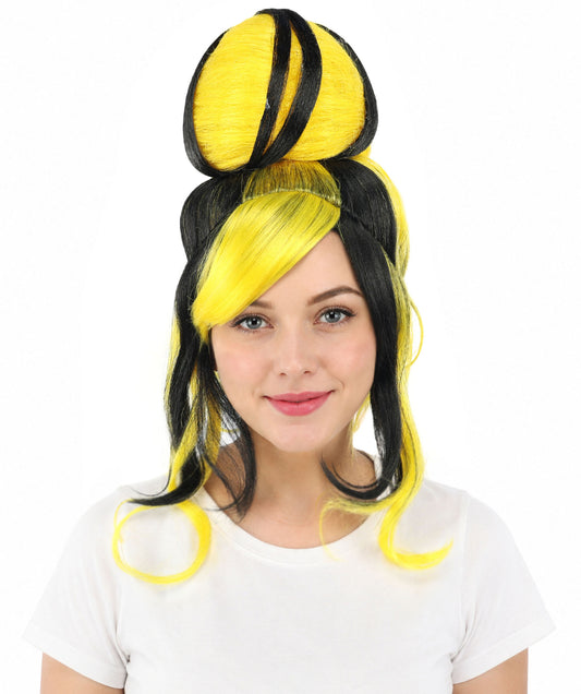 HPO Women's Two Tone High Bun Wig | Black and yellow synthetic fibers with tall structural top knot sweeping side bangs and capless base | Essential for theatrical stage drag performance costume events and party