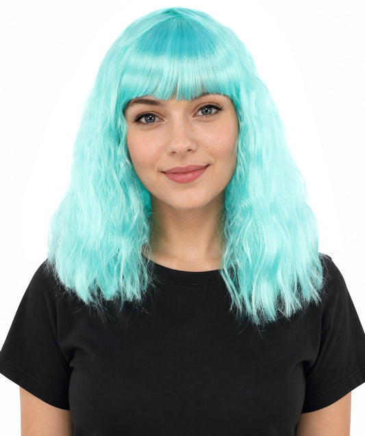 HPO Women's Short Wavy Bob wig | Vibrant aqua cyan, created of flame-retardant synthetic fiber, thick layered texture, breathable cap | Cosplay, drag, performance, themed events