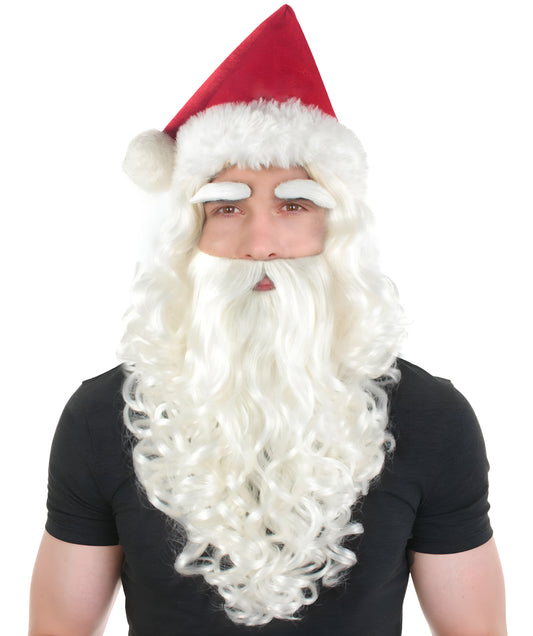 Unisex Christmas Santa White Wig Beard And Red Hat Set, Long Synthetic Fibers