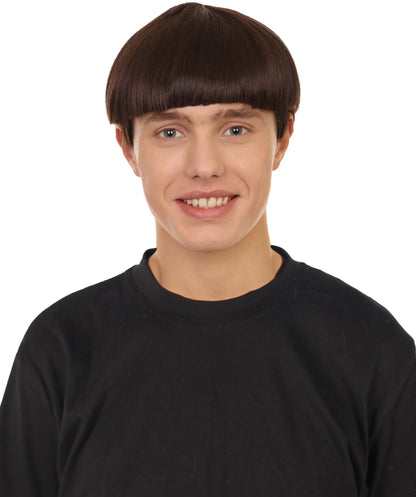 Men's 9" Inch Short Length Halloween Classic Moe Retro Bowl Cut Brown Wig | Synthetic Soft Fiber Hair | HPO