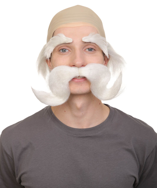 Men’s Fairy Tale King White Half-bald Wig with Mustache and Eyebrows | Perfect for Halloween | Flame-retardant Synthetic Fiber