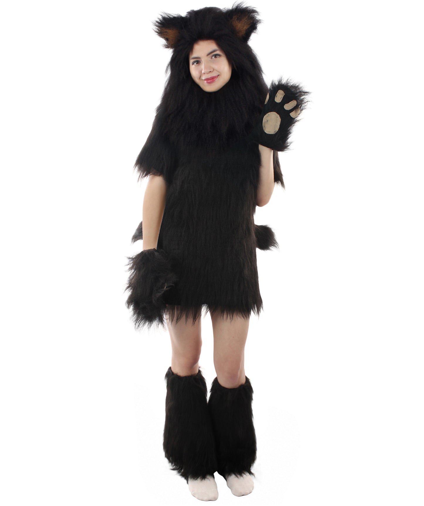 Black Bear Costume with Boots and Paw Gloves (Bundle) - Long Synthetic Fibe.