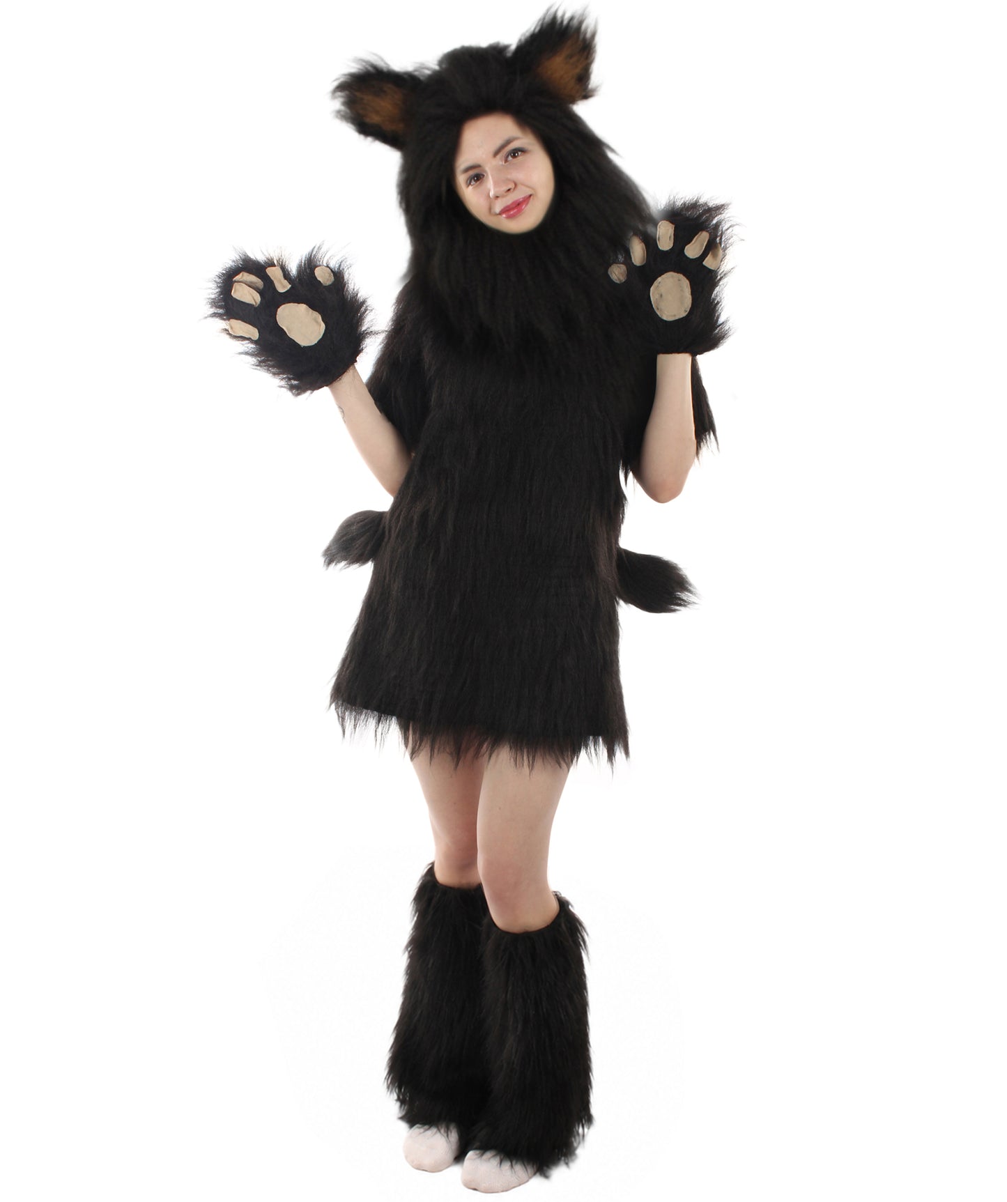 Black Bear Costume with Boots and Paw Gloves (Bundle) - Long Synthetic Fibe.