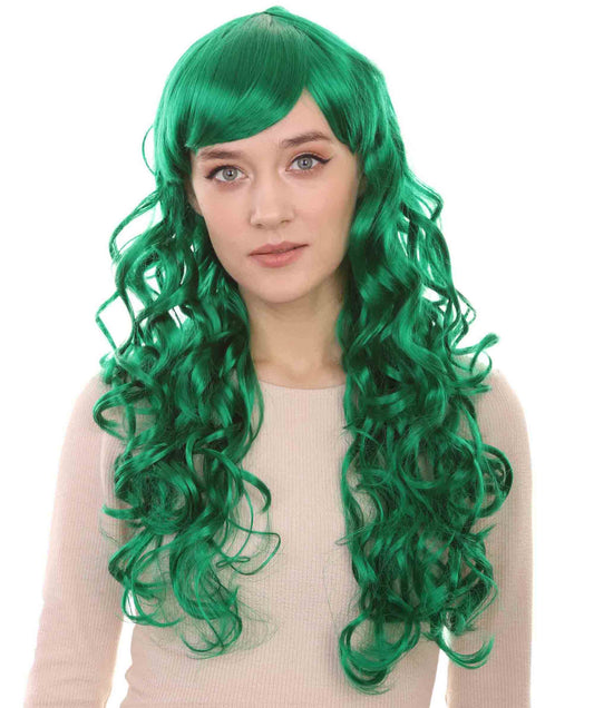 HPO Womens Long Green Curls Wig | Fancy Party Event Ready Halloween Wig | Premium Breathable Capless Cap