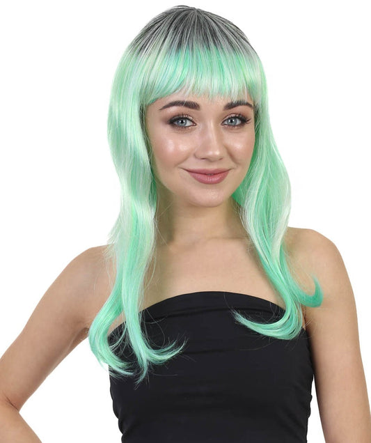 HPO Womens Glamour Green Wig | White Green Long Fancy Party Wig | Premium Breathable Capless Cap