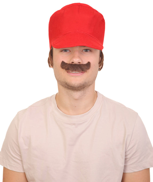Men's Mushroom Kingdom Video Game Black Mustache and Red 80'S Plumber Hat, Best for Halloween, Flame-retardant Synthetic Materials