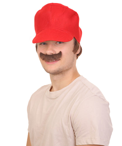 Men's Mushroom Kingdom Video Game Black Mustache and Red 80'S Plumber Hat, Best for Halloween, Flame-retardant Synthetic Materials
