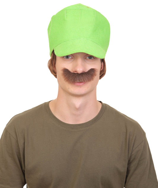 Men's Fictional Kingdom Video Game Black Mustache and  80'S Plumber Green Hat, Best for Halloween, Flame-retardant Synthetic Materials