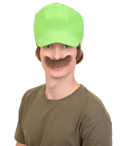 Men's Fictional Kingdom Video Game Black Mustache and  80'S Plumber Green Hat, Best for Halloween, Flame-retardant Synthetic Materials