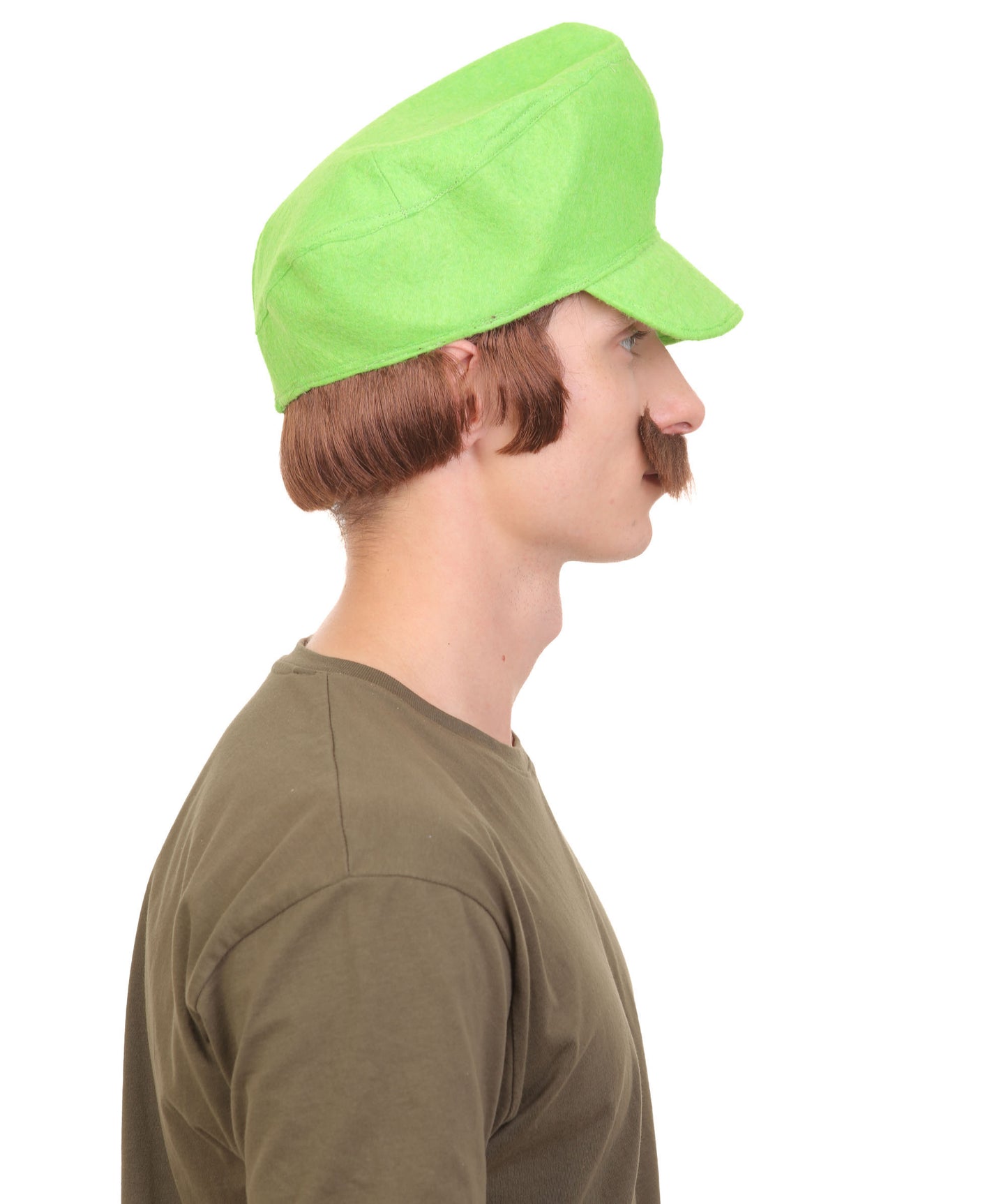 Men's Fictional Kingdom Video Game Black Mustache and  80'S Plumber Green Hat, Best for Halloween, Flame-retardant Synthetic Materials