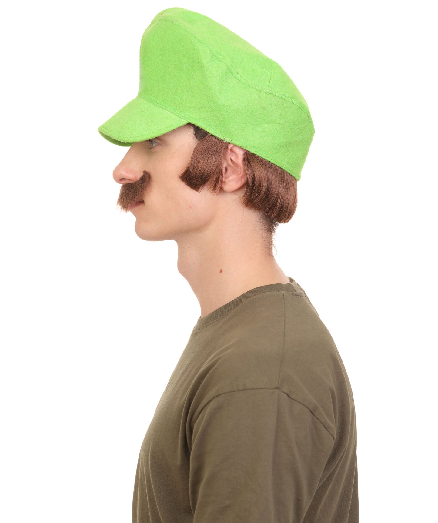 Men's Fictional Kingdom Video Game Black Mustache and  80'S Plumber Green Hat, Best for Halloween, Flame-retardant Synthetic Materials
