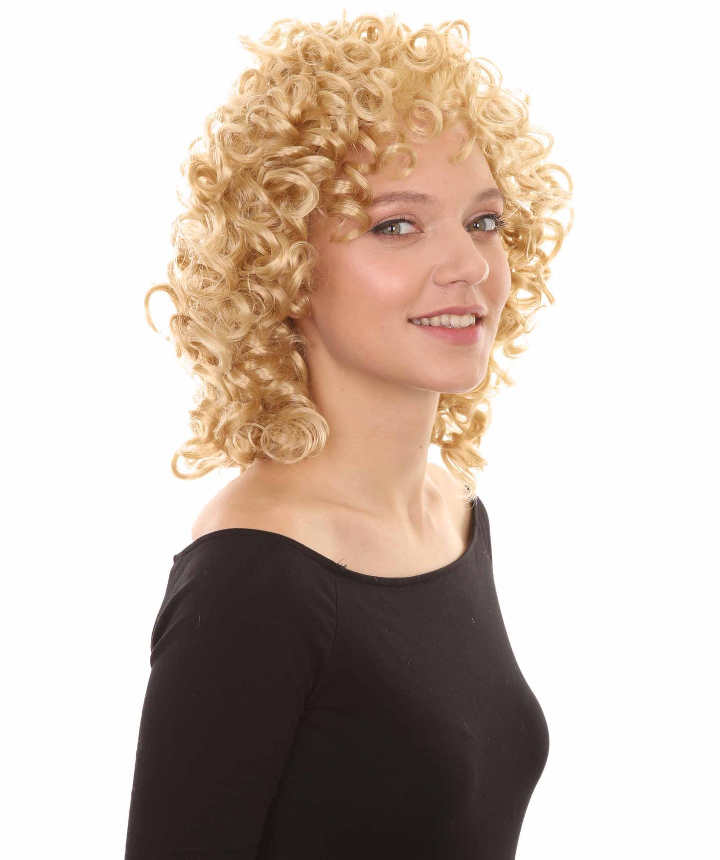 HPO Women's Medium Curly Olympian Lady Wig Collection | Fancy Halloween Wigs | Premium Breathable Capless Cap