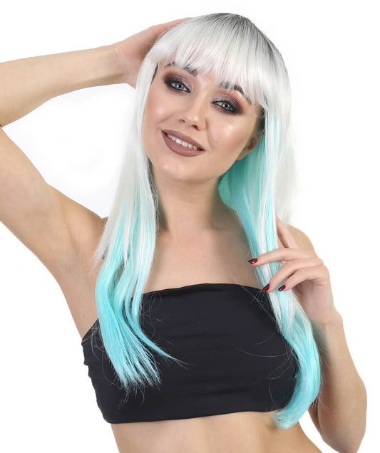 HPO Womens Glamour Blue Wig | White Blue Multicolor Fancy Long Wig | Premium Breathable Capless Cap