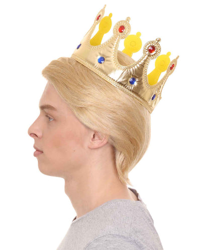 President I Men's Wig, Gold Jeweled Crown Blonde Color Wigs, Premium Breathable Capless Cap
