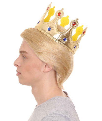 HPO President I Men's Wig, Gold Jeweled Crown Blonde Color Wigs, Premium Breathable Capless Cap