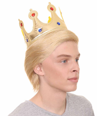 President I Men's Wig, Gold Jeweled Crown Blonde Color Wigs, Premium Breathable Capless Cap