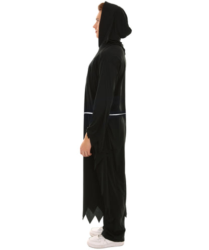 Grim Reaper Black Costume | Hooded Robe with Skeleton Detailing and Scythe Prop | Grim Reaper Outfit for Halloween Haunted Parties Cosplay & Spooky-Themed Events