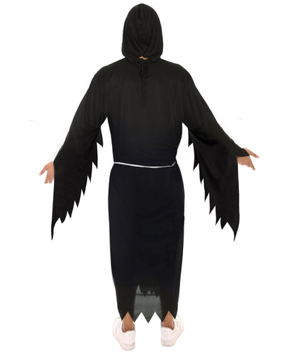 Teen Grim Reaper Black color Costume | Hooded Robe with Skeleton Accents and Scythe Prop | Grim Reaper Outfit for Halloween Haunted Parties Cosplay & Spooky-Themed Events