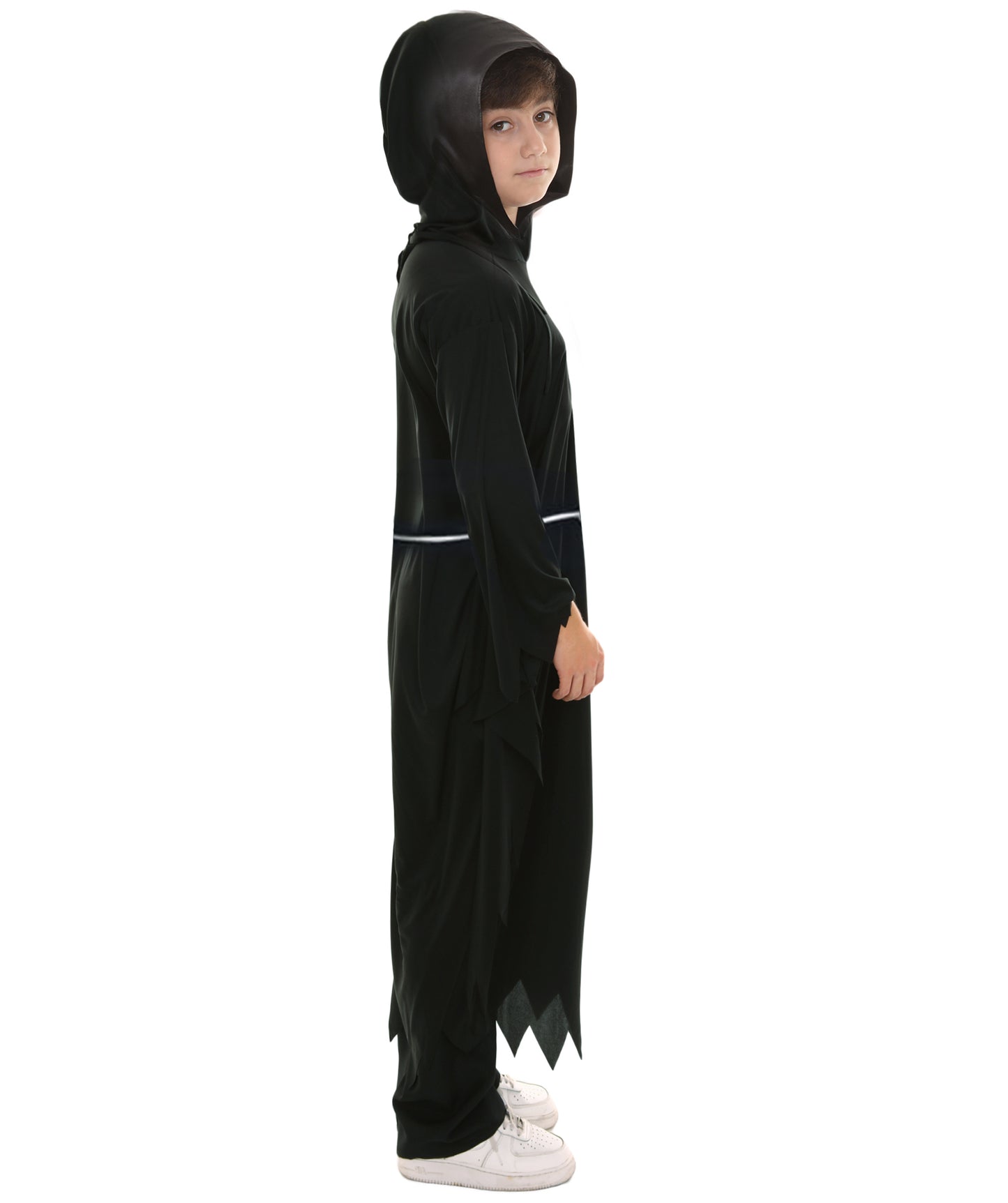 Teen Grim Reaper Black color Costume | Hooded Robe with Skeleton Accents and Scythe Prop | Grim Reaper Outfit for Halloween Haunted Parties Cosplay & Spooky-Themed Events