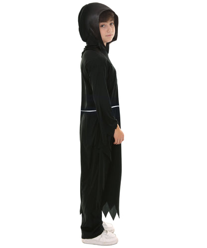 Teen Grim Reaper Black color Costume | Hooded Robe with Skeleton Accents and Scythe Prop | Grim Reaper Outfit for Halloween Haunted Parties Cosplay & Spooky-Themed Events