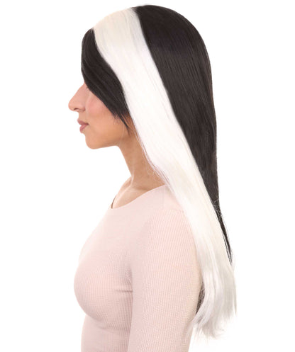 Horror Womens Wig | Long Black & White Gothic Halloween Wig | Premium Breathable Capless Cap