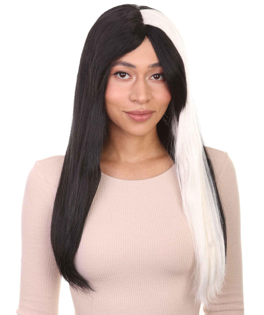 Horror Womens Wig | Long Black & White Gothic Halloween Wig | Premium Breathable Capless Cap