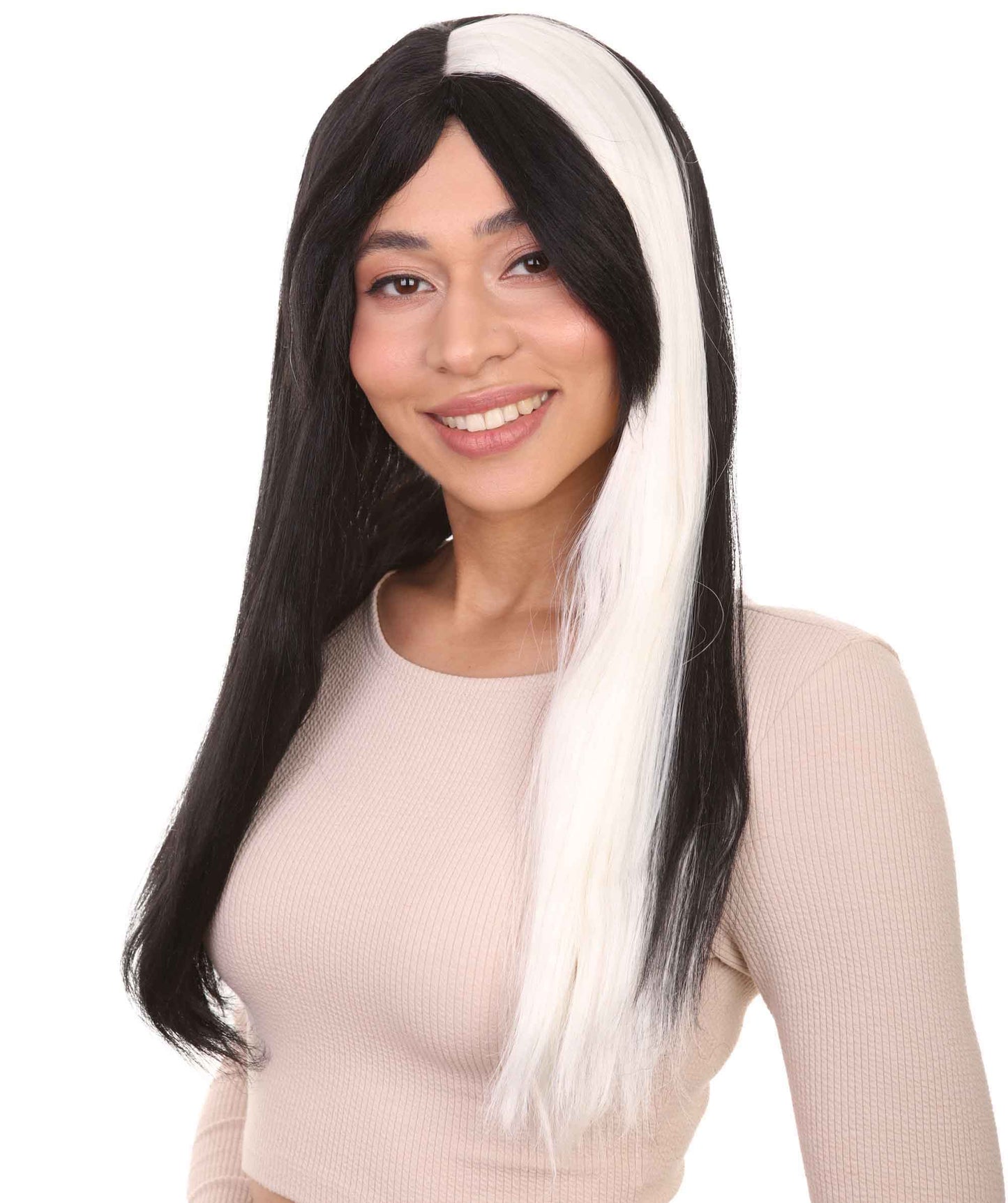 Horror Womens Wig | Long Black & White Gothic Halloween Wig | Premium Breathable Capless Cap