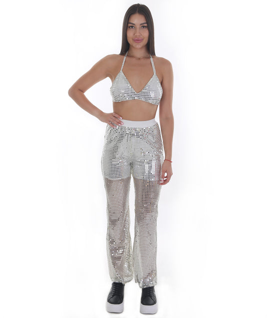 HPO Pryzm Femme Disco Babe Costume - Includes Silver Sequin Bralette and Wide Leg Pants