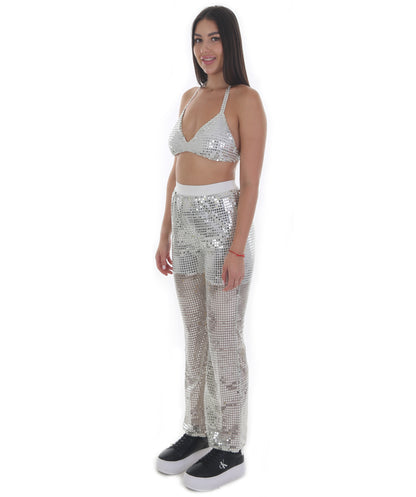 HPO Pryzm Femme Disco Babe Costume - Includes Silver Sequin Bralette and Wide Leg Pants